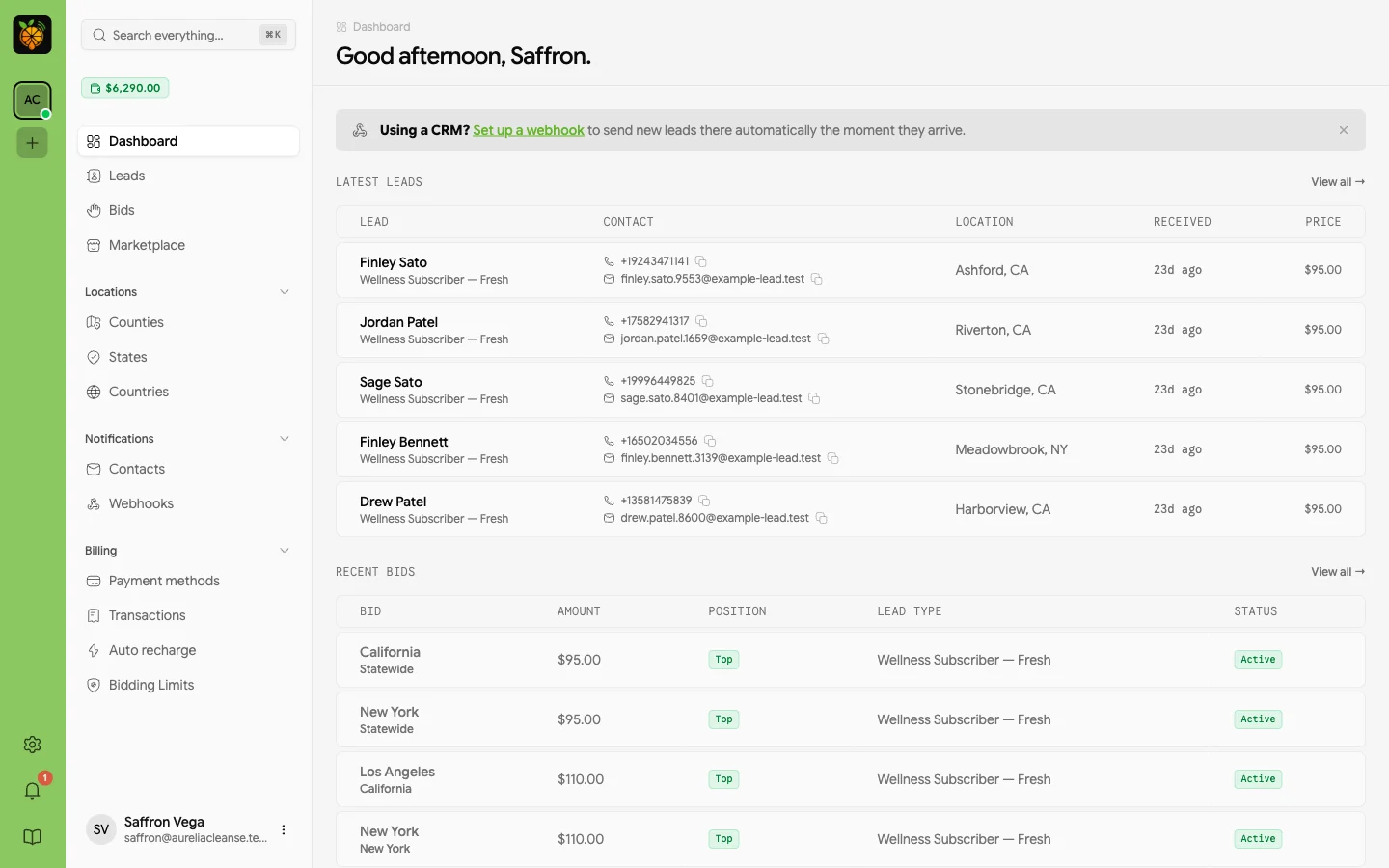 Juiced buyer portal dashboard for a demo buyer, showing a $6,290 wallet balance, the latest delivered leads with contact details and prices, and recent bids by state and county with their top-bid position.