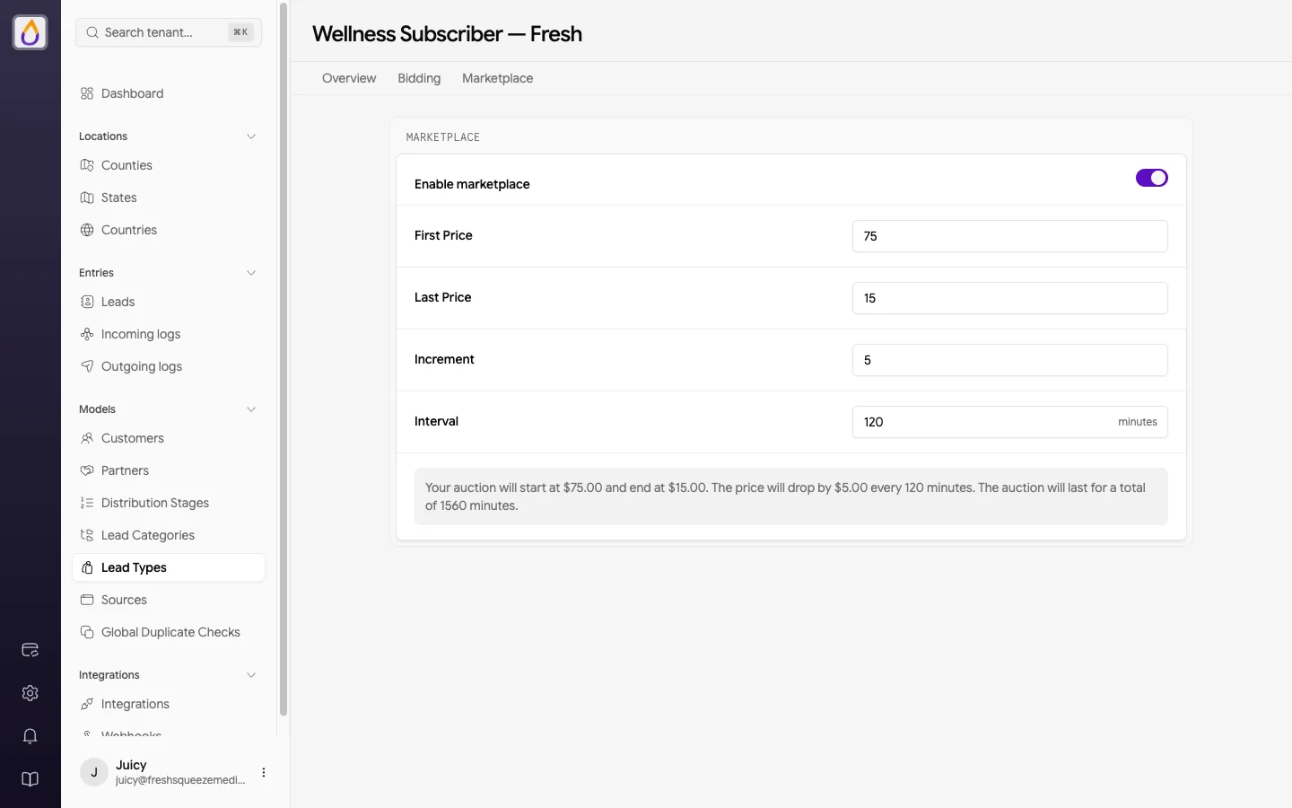Juiced marketplace settings for a demo lead type: marketplace enabled, first price $75, last price $15, increment $5, interval 120 minutes, with a summary that the auction starts at $75.00, drops by $5.00 every 120 minutes, and ends at $15.00.